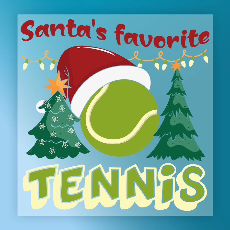 Santa's Favorite Tennis by InkMerge features a giant tennis ball in a Santa hat between two Christmas trees, festive lights above, and colorful "Santas favorite TENNIS" text—ideal for game day outfits or fun DTF heat press transfers.