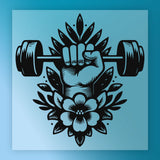 A hand gripping a dumbbell, surrounded by a stylized floral design, against a blue background.
