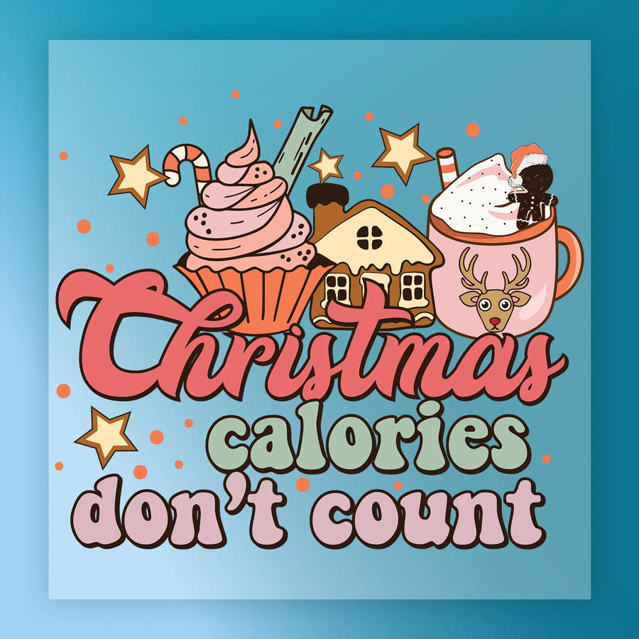 The InkMerge Christmas Calories Don't Count design features a cupcake, gingerbread house, and reindeer mug with stars and candy canes—perfect for DTF transfers or holiday heat press projects.