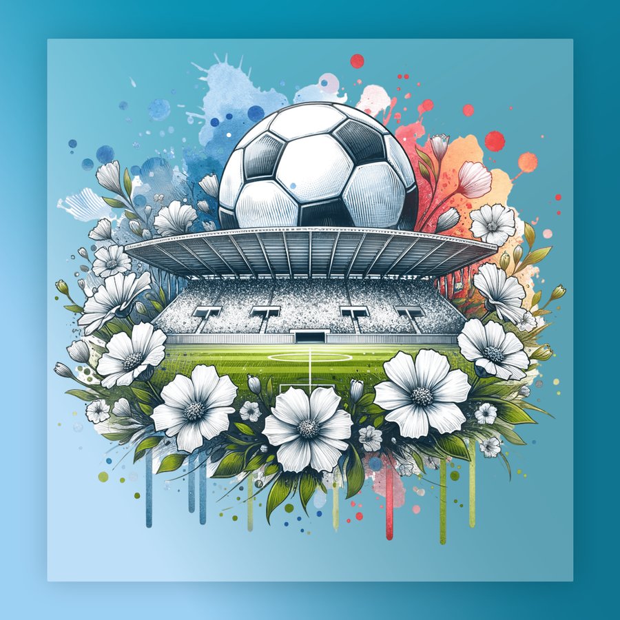 A colorful illustration depicting a soccer stadium surrounded by flowers and a soccer ball, with splashes of color and abstract elements.