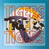 the text "TIGERS" in a stylized font, with the word "TIGERS" being the most prominent. The background of the image is blue, and there is a patterned design in the background.