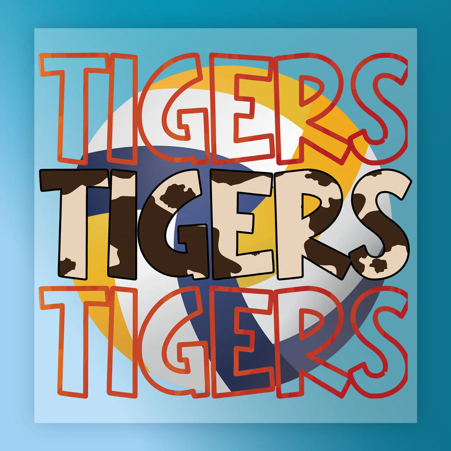 the text "TIGERS" in a stylized font, with the word "TIGERS" being the most prominent. The background of the image is blue, and there is a patterned design in the background.