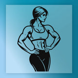 A black and white illustration of a woman with a muscular physique, standing with her hands on her hips.