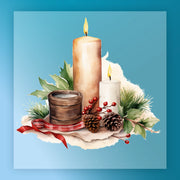 The Traditional Holiday Candle Illustration - Heat Press Ready by InkMerge features two lit candles, pinecones, red berries, green leaves, and a plaid-ribbon jar—perfect for custom apparel or DTF transfers.
