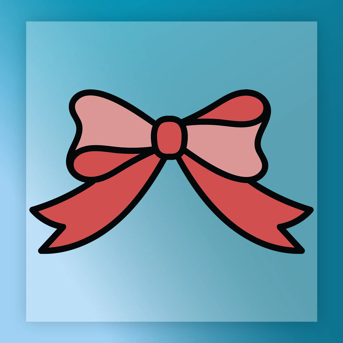 The Elegant Red Bow Design by InkMerge features a pink and red ribbon bow with black outlines on a light blue square background and dark blue border—ideal as a heat press or DTF transfer.