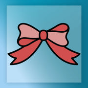 The Elegant Red Bow Design by InkMerge features a pink and red ribbon bow with black outlines on a light blue square background and dark blue border—ideal as a heat press or DTF transfer.