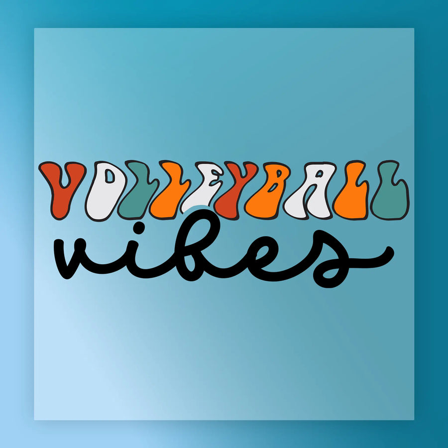 a vibrant and playful design with the text "Volleyball vibes" written in a stylized font.