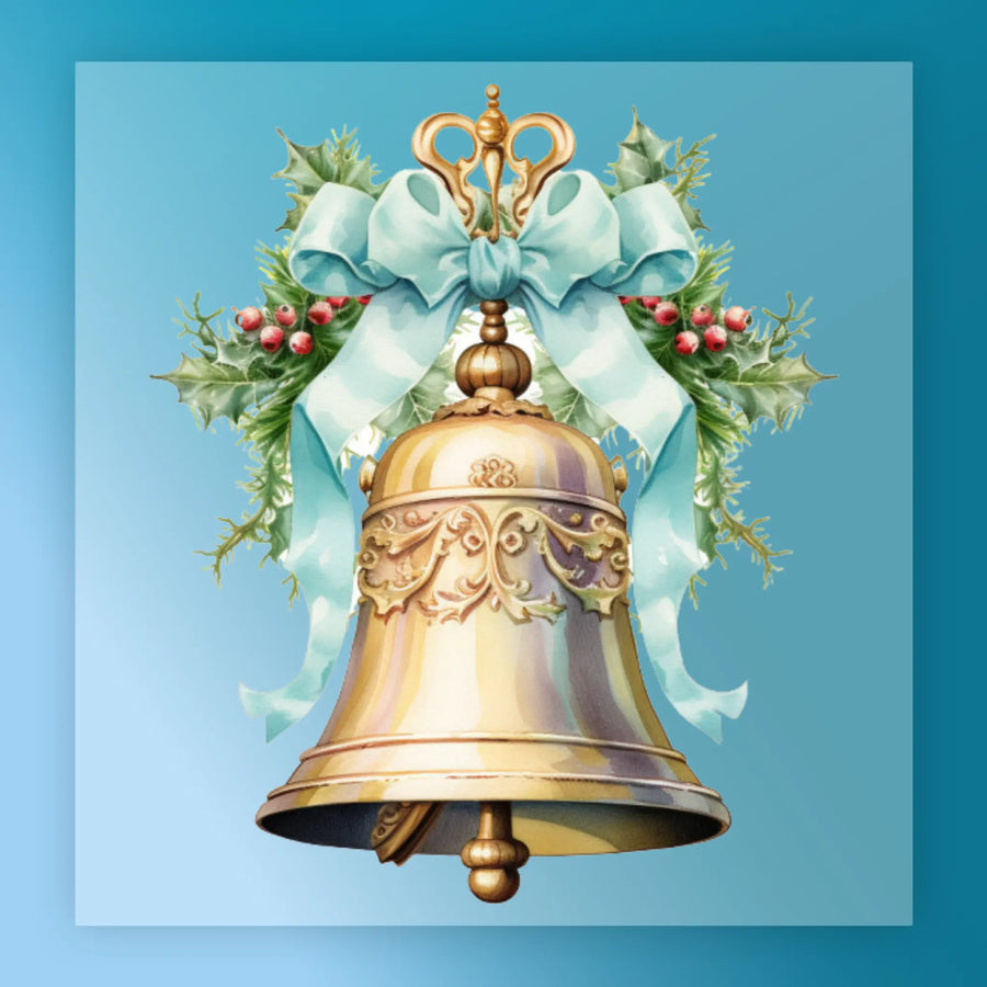 InkMerge’s Vintage Christmas Bell with Holly features a golden bell, holly leaves, red berries, and a blue ribbon on a light blue background—ideal as a festive heat press transfer for your next holiday project.