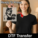 A woman holding a sign with a graphic of a woman lifting weights, and there is a red arrow pointing to the sign.