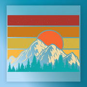 InkMerge’s Retro Mountain Landscape features snow-capped mountains, pine trees, an orange sun, and retro stripes—ideal for DTF or heat press transfers.
