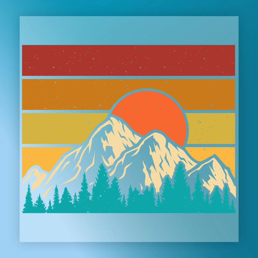 InkMerge’s Retro Mountain Landscape features snow-capped mountains, pine trees, an orange sun, and retro stripes—ideal for DTF or heat press transfers.