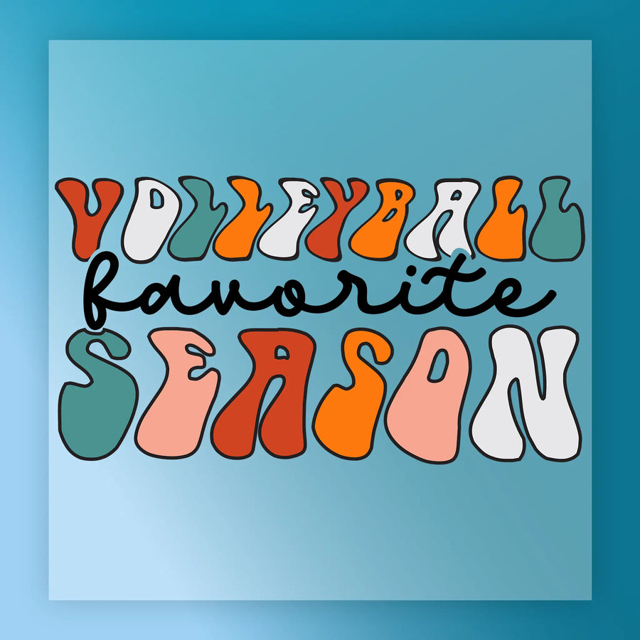 the text "Volleyball favorite season" in a stylized font, with the word "Volleyball" in orange, "favorite" in pink, and "season" in white.