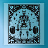 A skeleton lifting a barbell against a starry night sky background, surrounded by floral and ornamental designs.