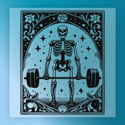 A skeleton lifting a barbell against a starry night sky background, surrounded by floral and ornamental designs.