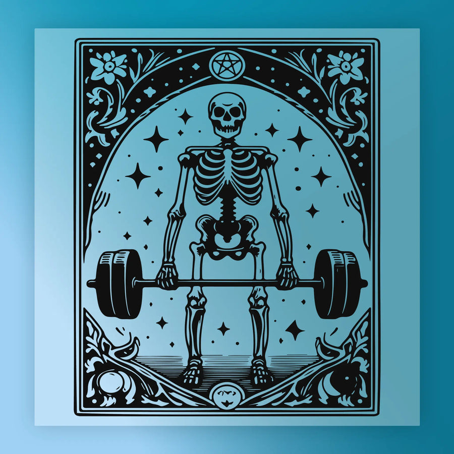 A skeleton lifting a barbell against a starry night sky background, surrounded by floral and ornamental designs.