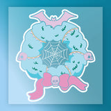 The InkMerge Gothic Holiday Wreath with Skulls and Bat DTF transfer features teal, pink skulls, string lights, a spider web, and a pink bat—perfect for creating standout Halloween apparel with a unique gothic twist.