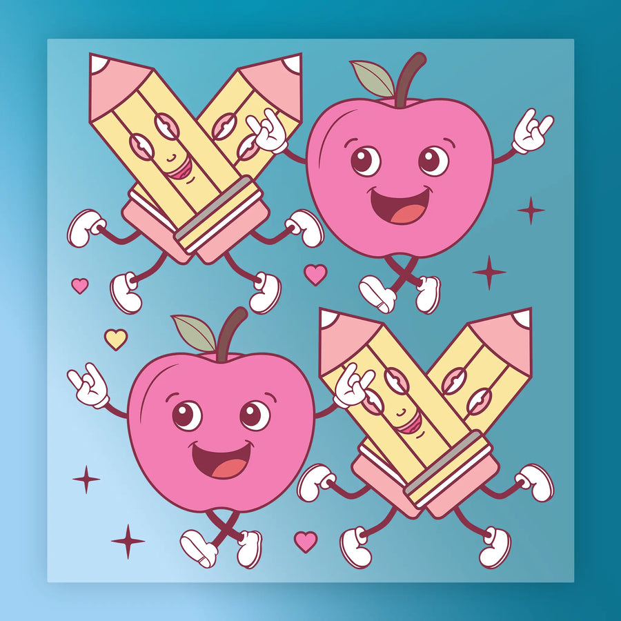 Cartoon Apple and Pencils Design DTF Transfer - InkMerge Heat Press Design
