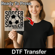 A smiling woman holding a sign with the text "SOCCER MOM" on it, with a red arrow pointing to the sign.