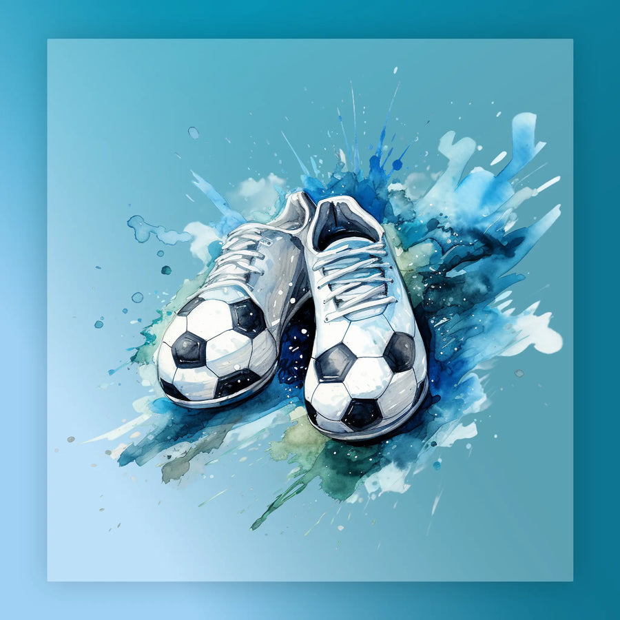 A pair of white and black soccer cleats with a black and white soccer ball, set against a blue background with splashes of watercolor paint.