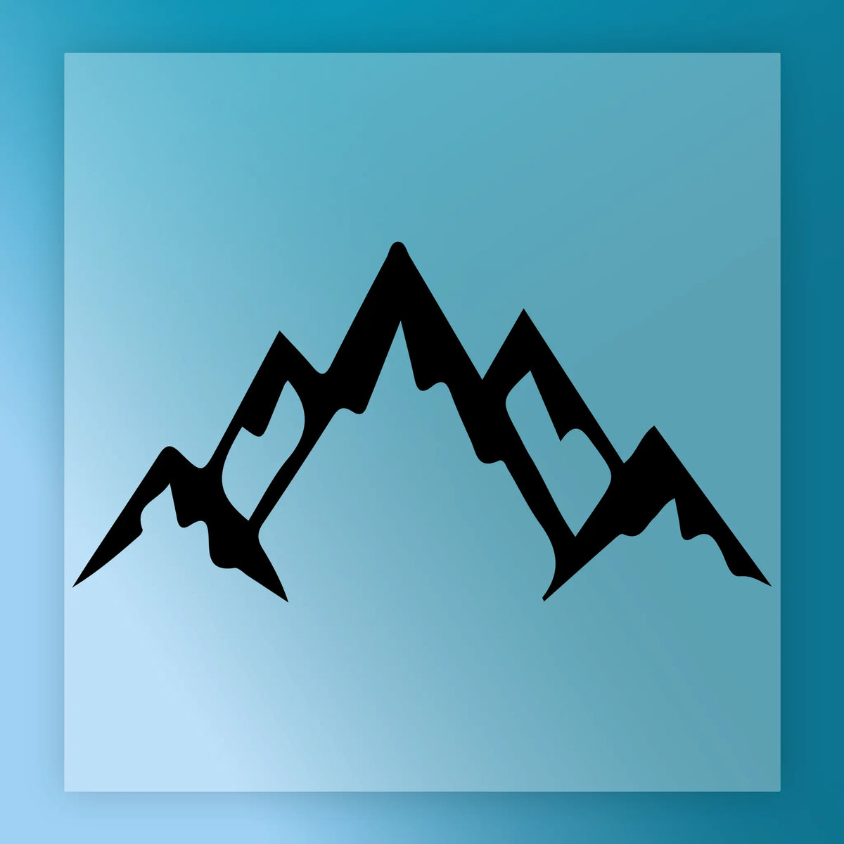 A simple black silhouette of two mountain peaks against a blue background.