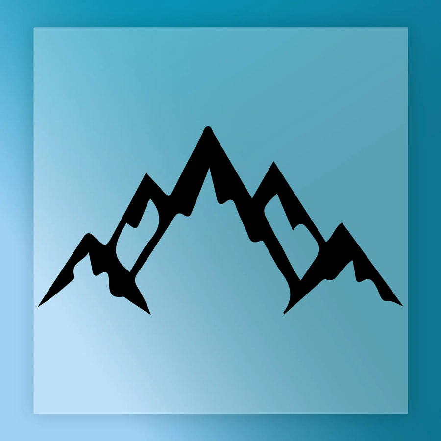 A simple black silhouette of two mountain peaks against a blue background.