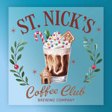 Festive iced coffee with whipped cream, sprinkles, a candy cane, and gingerbread cookies. Framed by holly and featuring St. Nick's Coffee Club Brewing Co. by InkMerge—ideal for the premium DTF film or heat press shirt design.
