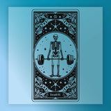 A skeleton lifting a barbell, surrounded by a decorative frame with stars and floral patterns.