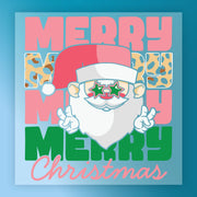 The InkMerge Merry Christmas Santa with Leopard Print features a cartoon Santa in star-shaped sunglasses making peace signs, bold colorful "Merry Christmas" text, and leopard print accents—a fun DTF transfer for holiday projects.