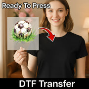 A woman holding a transparent sheet with a soccer ball image on it, and there is text that says "Ready To Press" and "DTF Transfer" below the image.