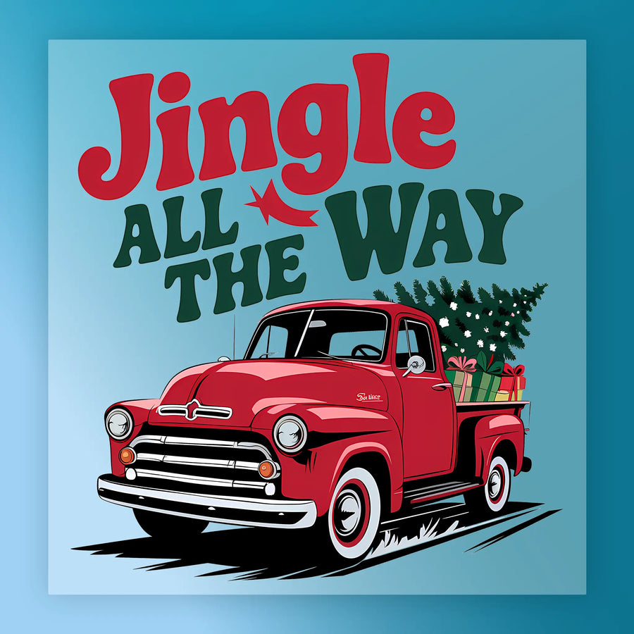 InkMerge's Jingle All The Way Vintage Truck Design features a red pickup with a Christmas tree and gifts, plus festive lettering—ideal for custom apparel transfers and adding classic holiday charm to your projects.