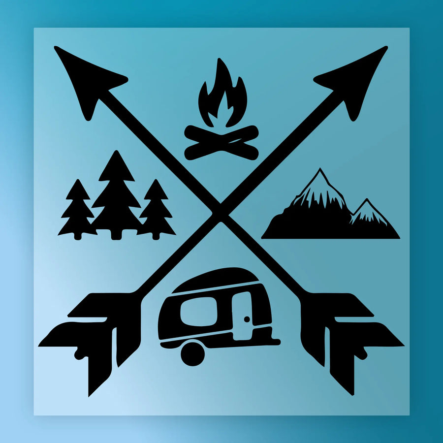 The InkMerge Crossed Arrows Outdoor Adventure DTF Transfer features two crossed arrows with campfire, pine trees, mountains, and a camper trailer on blue—delivering vibrant, sharp prints ideal for camping and outdoor designs.