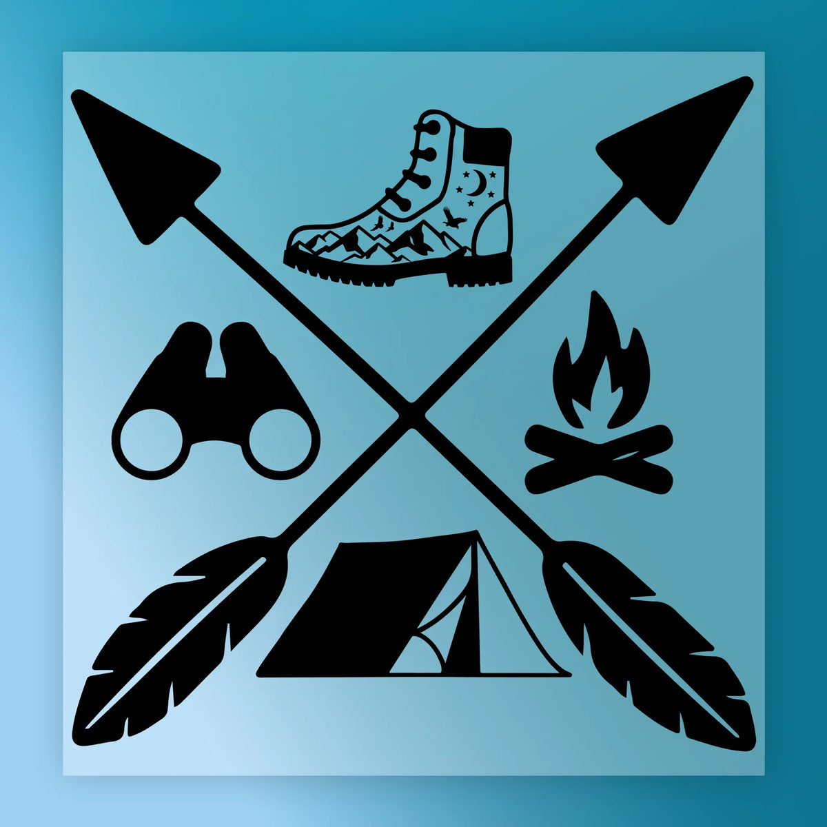 The InkMerge Outdoor Adventure Crossed Arrows Design features a hiking boot, campfire, binoculars, and tent in black silhouette on a blue gradient—ideal for DTF transfer projects.