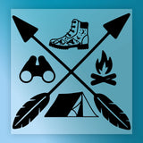 The InkMerge Outdoor Adventure Crossed Arrows Design features a hiking boot, campfire, binoculars, and tent in black silhouette on a blue gradient—ideal for DTF transfer projects.