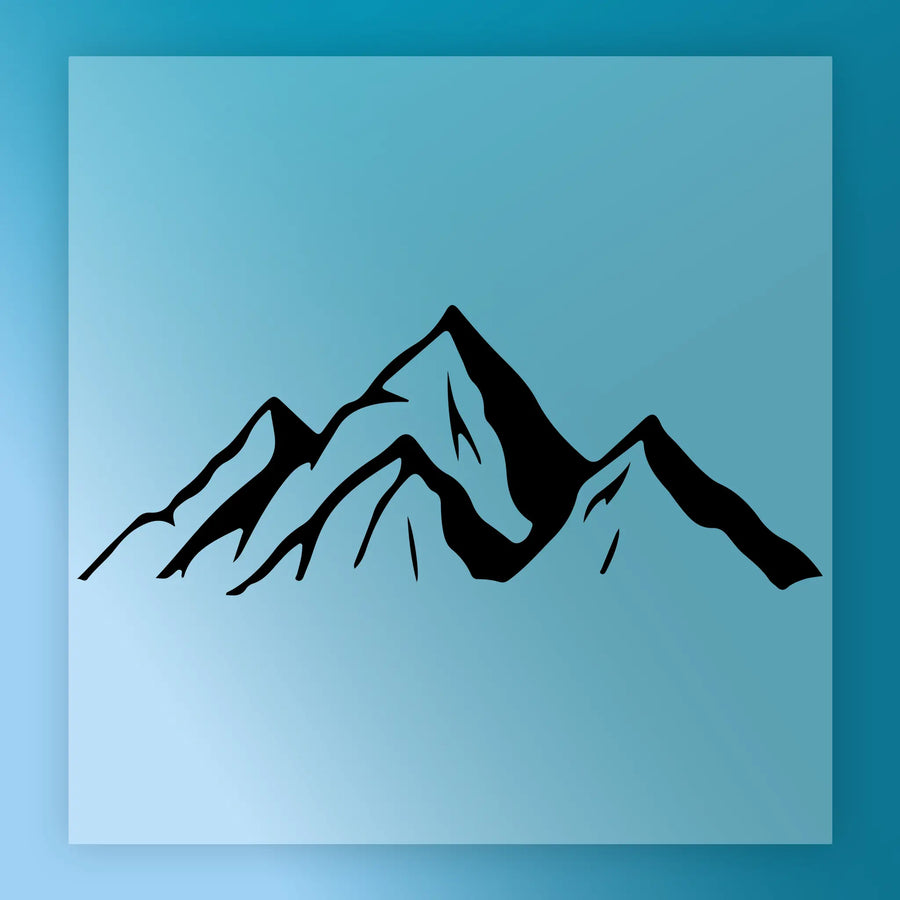A simple black and white mountain silhouette against a blue background.