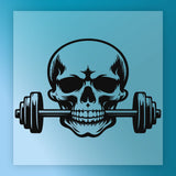 A stylized illustration of a skull with a barbell on its jaw, set against a blue background.