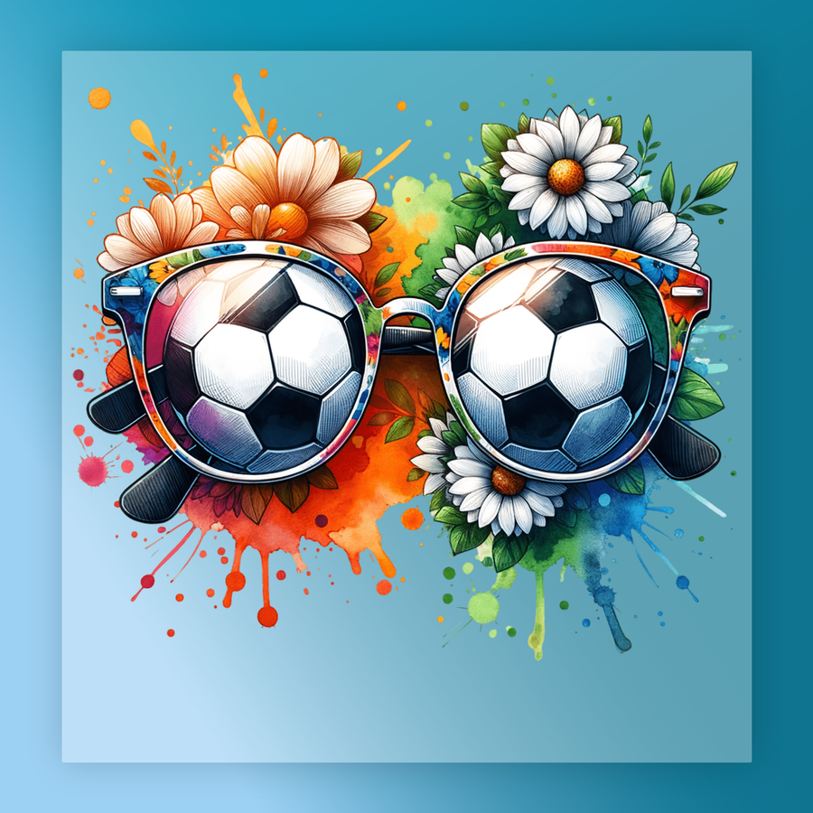 A pair of colorful, patterned glasses with a soccer ball design, surrounded by flowers and splashes of color against a blue background.