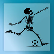 A skeleton playing soccer, kicking a soccer ball.