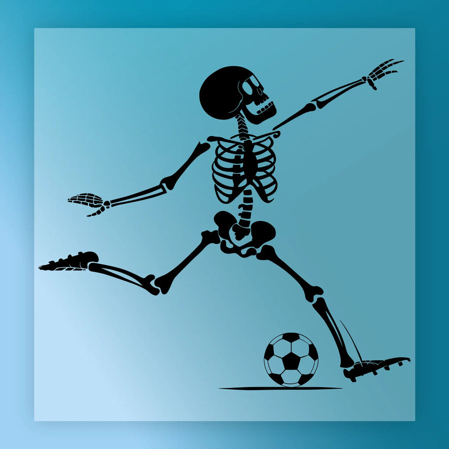 A skeleton playing soccer, kicking a soccer ball.