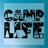 The Camp Life Silhouette Design by InkMerge features "CAMPLIFE" in bold letters filled with camping silhouettes—trees, mountains, animals, and a camper—on a blue background. Ideal for DTF transfer projects.