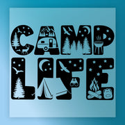 The Camp Life Silhouette Design by InkMerge features "CAMPLIFE" in bold letters filled with camping silhouettes—trees, mountains, animals, and a camper—on a blue background. Ideal for DTF transfer projects.