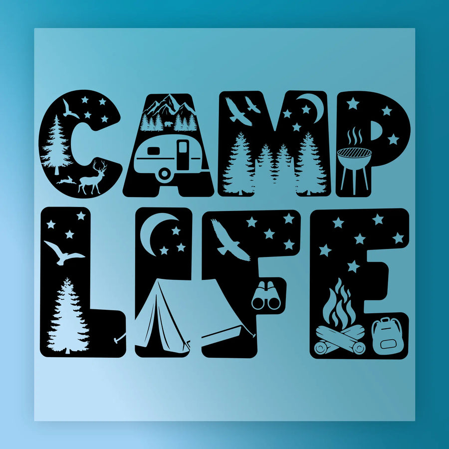 The Camp Life Silhouette Design by InkMerge features "CAMPLIFE" in bold letters filled with camping silhouettes—trees, mountains, animals, and a camper—on a blue background. Ideal for DTF transfer projects.