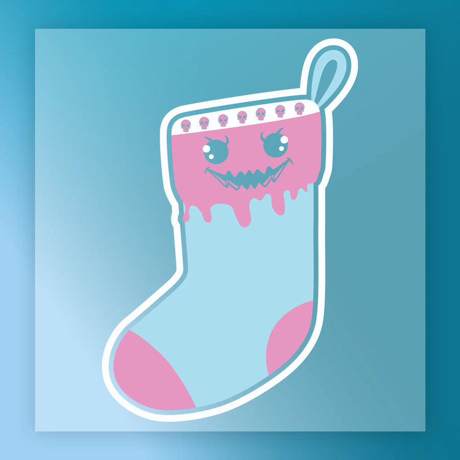 InkMerge’s Quirky Skull Christmas Stocking Design features pastel blue and pink with a mischievous skull face, heart eyes, jagged mouth, and dripping details—ideal for DTF transfers or as an ugly sweater party backdrop.