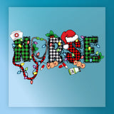 The InkMerge Nurse Christmas Design features the word "NURSE" in festive colors with plaid, lights, nurse cap, Santa hat, bandages, syringe, and medicine bottle on blue—ideal for holiday apparel or DTF transfers.