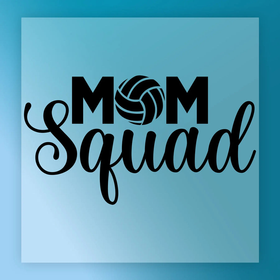 the text "MOM Squad" in a stylized font, with a volleyball graphic incorporated into the design.