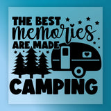 InkMerge’s “The Best Memories Are Made Camping – Heat Press Ready” features a black silhouette graphic on blue with a camper trailer, pine trees, and scattered stars and hearts—ready to press for camping lovers.