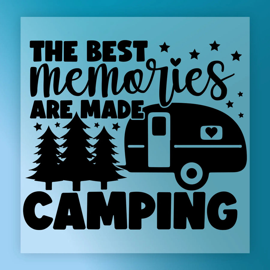 InkMerge’s “The Best Memories Are Made Camping – Heat Press Ready” features a black silhouette graphic on blue with a camper trailer, pine trees, and scattered stars and hearts—ready to press for camping lovers.