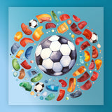 A vibrant and colorful arrangement of various sports equipment, including a soccer ball, surrounded by a circular pattern of different colored balls and objects, all set against a blue background.