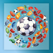A vibrant and colorful arrangement of various sports equipment, including a soccer ball, surrounded by a circular pattern of different colored balls and objects, all set against a blue background.