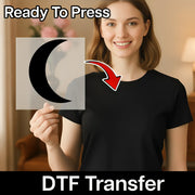 A woman holding a transparent sheet with a crescent moon symbol on it, and there is a red arrow pointing to her chest.