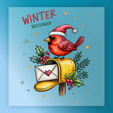 InkMerge’s “Winter Messenger Cardinal Christmas Design” features a red cardinal in a Santa hat on a yellow mailbox with holly, envelope, and snowflakes—ideal for DTF transfer or heat press holiday projects.